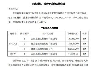 豫王建能中标中铁四局大保高速老营至板桥段防水材料候选人