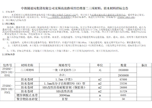 中铁隧道局无锡高浪路防水材料招标