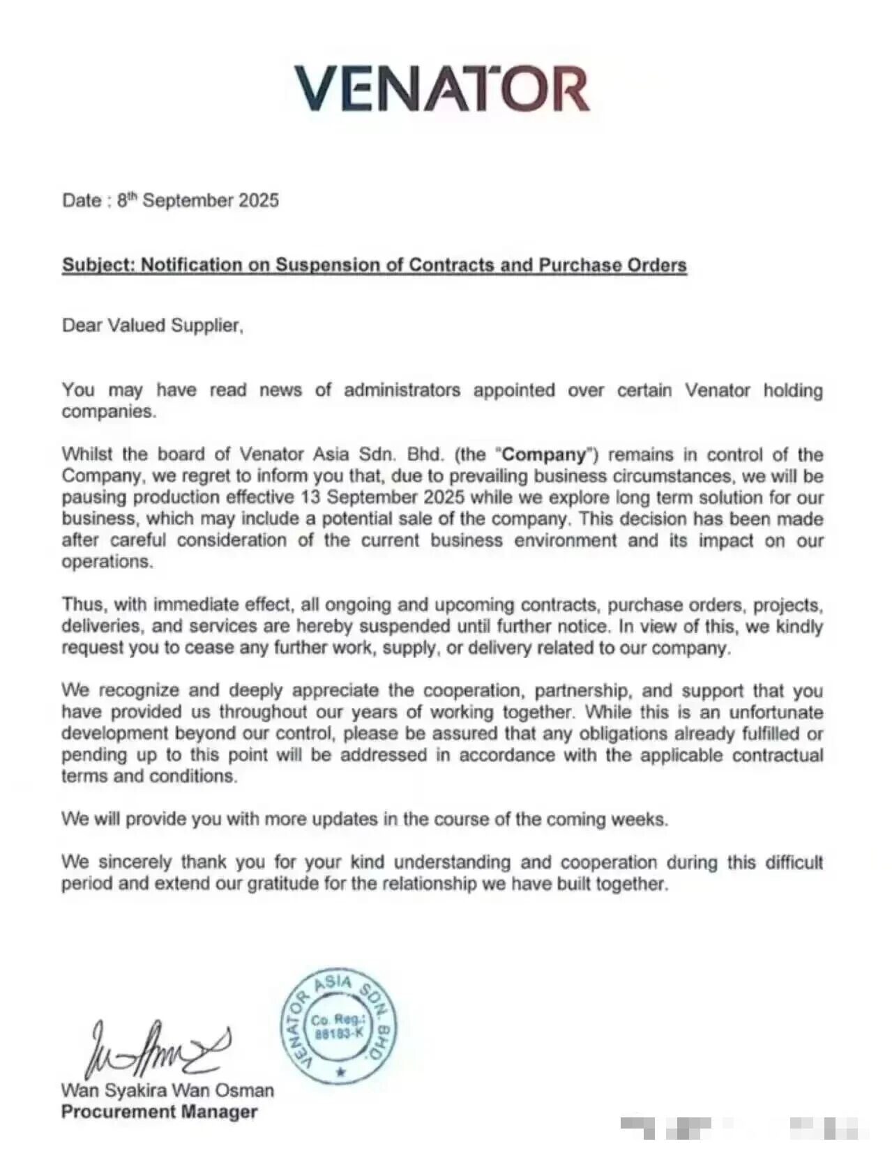 Venator Asia Sdn. Bhd. has Ceased Production. Who will Fill the Capacity Gap?